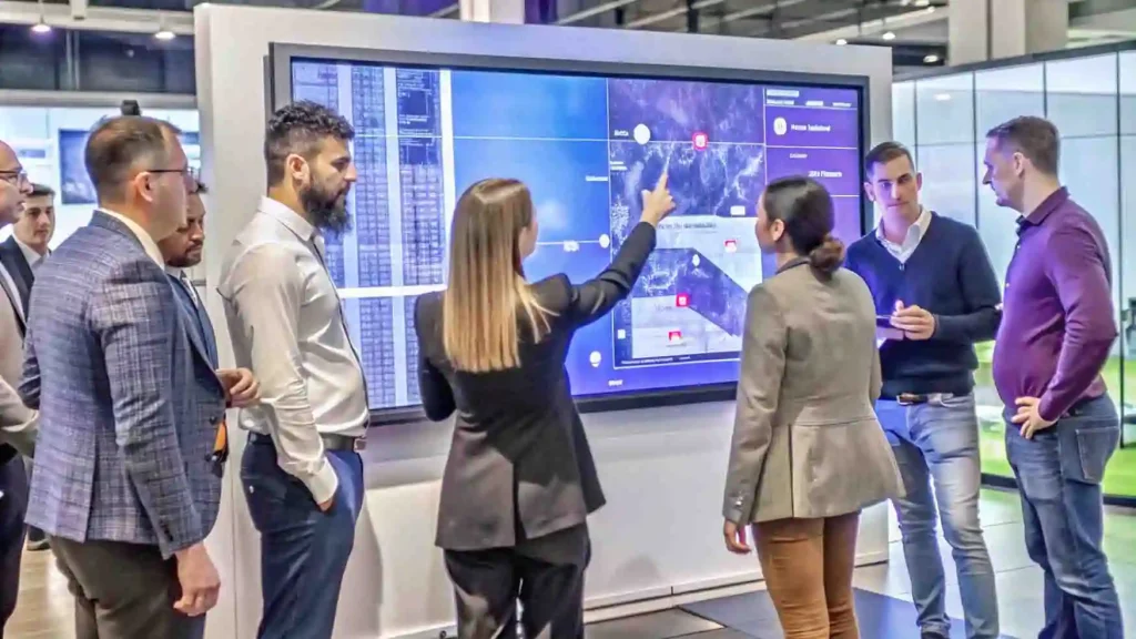 Interactive digital signage at a trade show booth captivates attendees with engaging product demos.