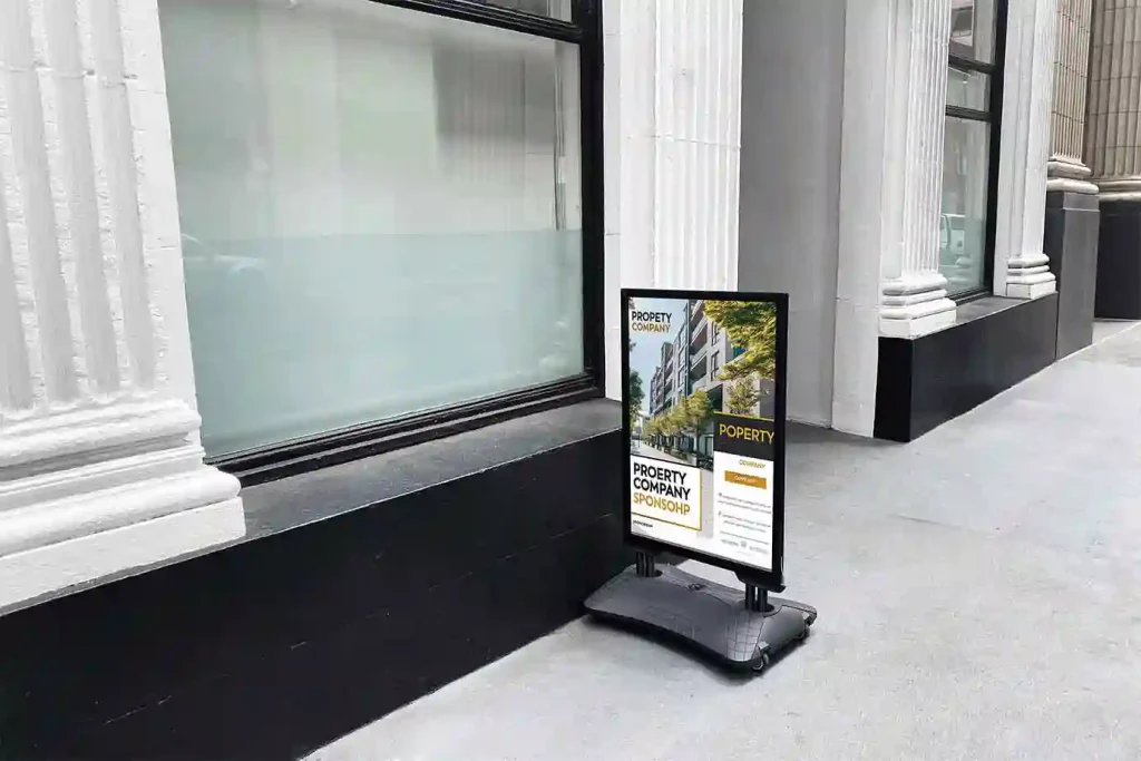  Battery-powered digital signage displaying property details at an open house.