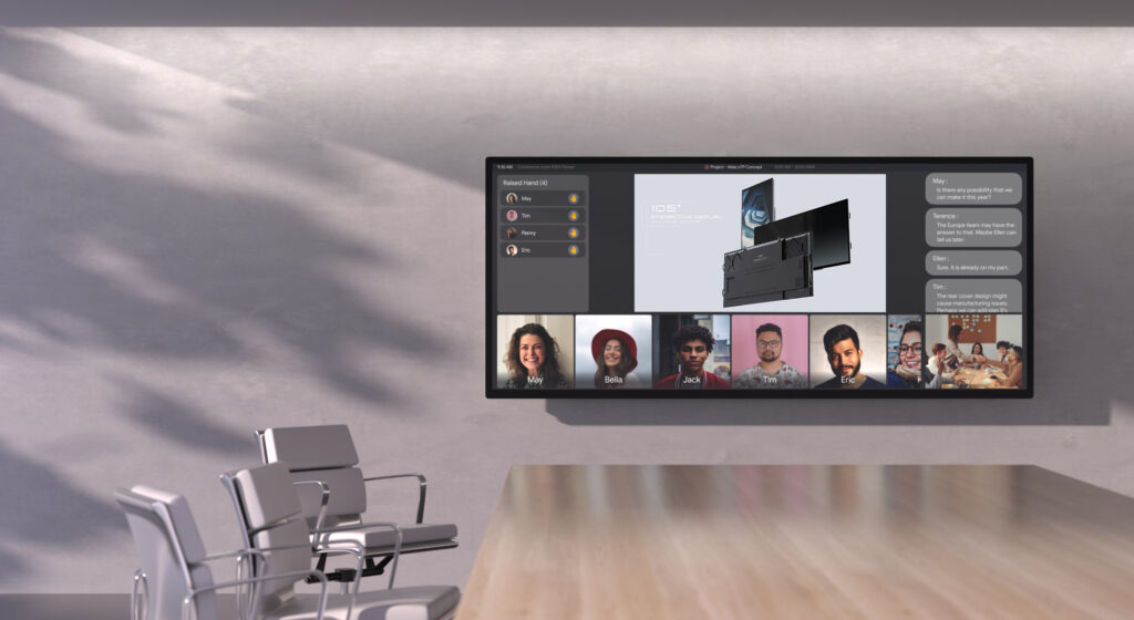 21:9 commercial digital signage display in a conference room showing a video conference and presentation.
