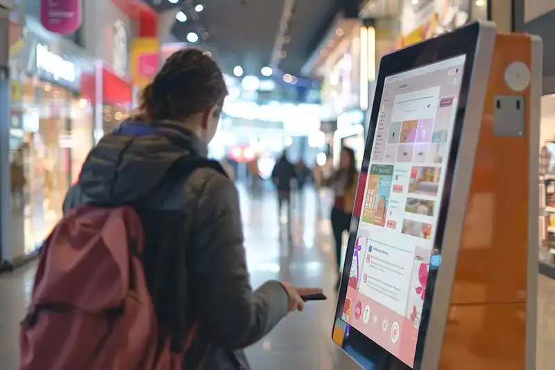 A retail digital signage placing in front of a store, while people going into the store.