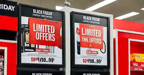 Color ePaper signage in a retail store displaying vibrant advertisements.