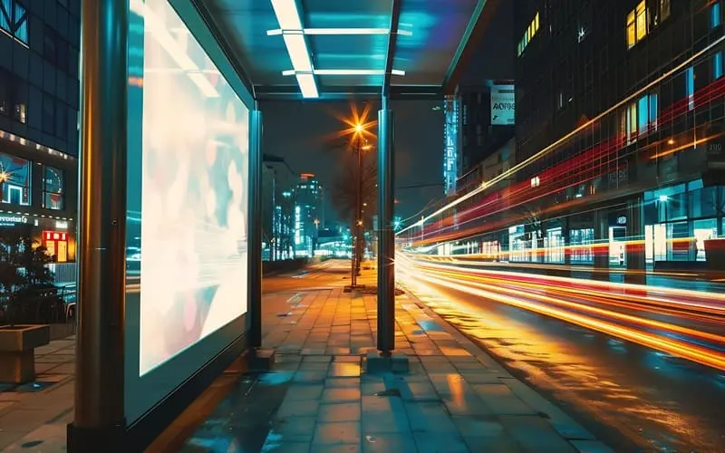 Outdoor advertising LCD display screen at a modern bus stop, illuminated at night with vibrant city lights and motion blur from passing vehicles.