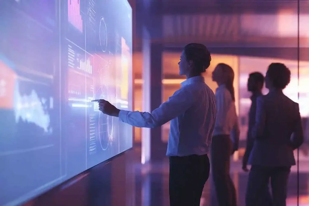 Interactive digital signage in a corporate lobby offers personalized content to engage visitors and enhance branding