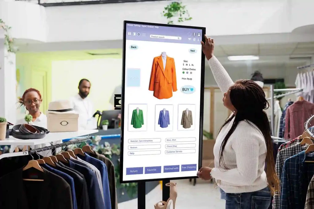 Interactive digital signage in a retail store guides customers through the shopping process.