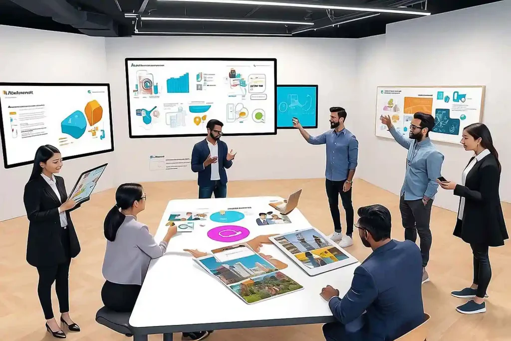 Interactive digital signage in a modern office setting enhances communication and engagement with dynamic content.