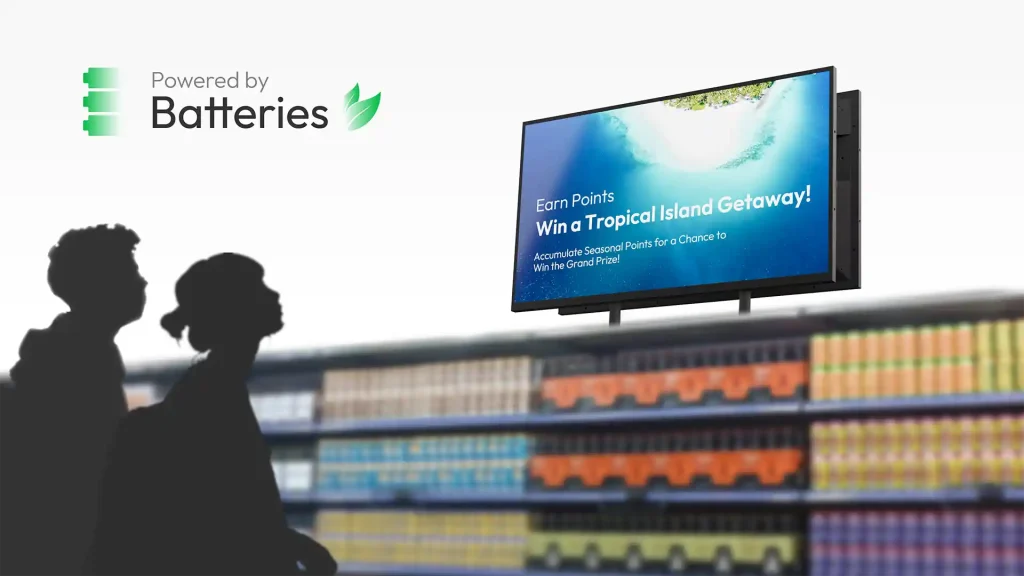 Battery-powered digital signage in a mall promoting a flash sale.