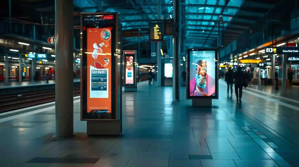 displaying any commercial advertisements using outdoor digital signage in public areas at the station