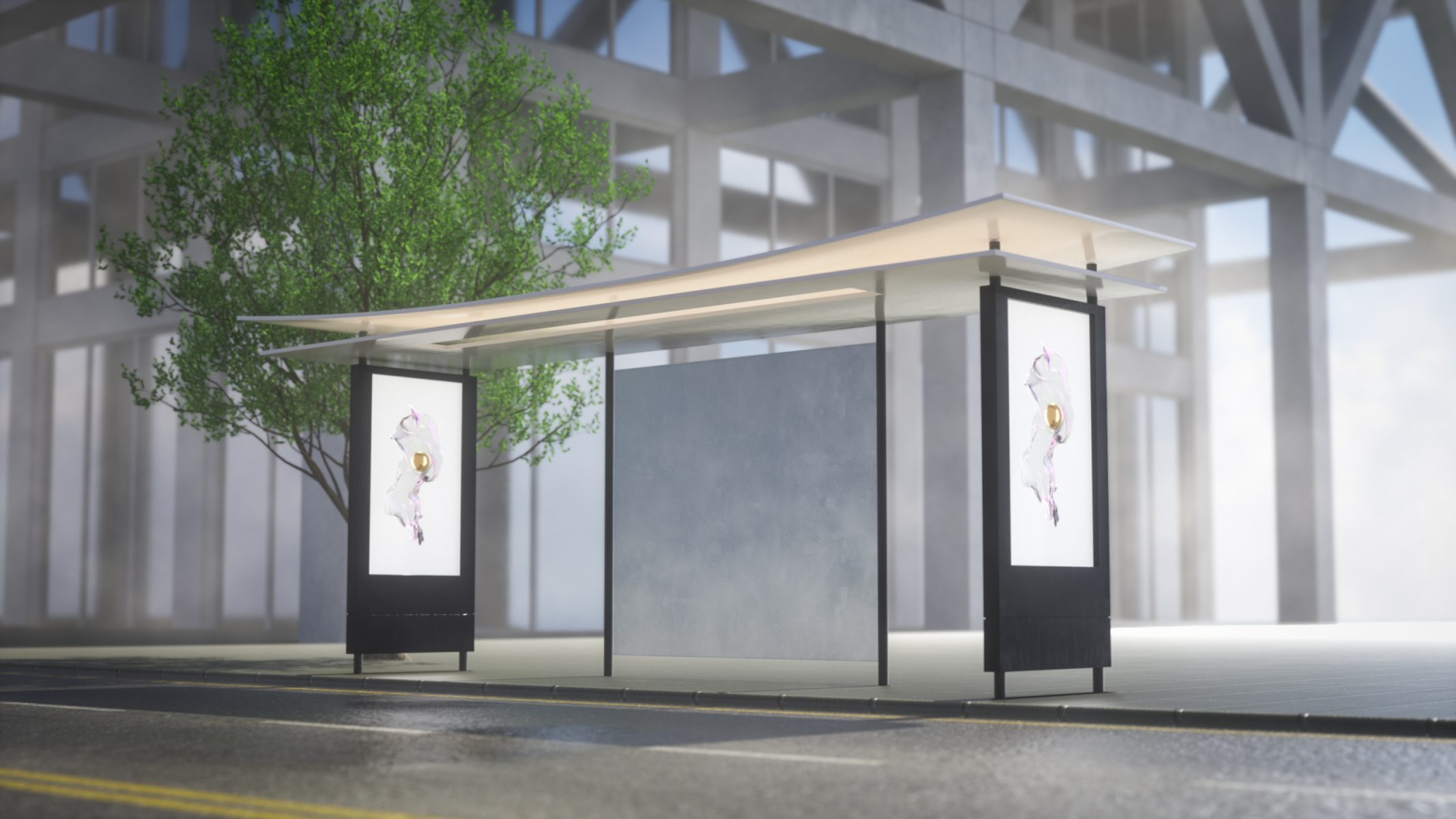 Modern bus stop with two commercial digital signage displays showing abstract art, situated on a city street with a tree in the background.